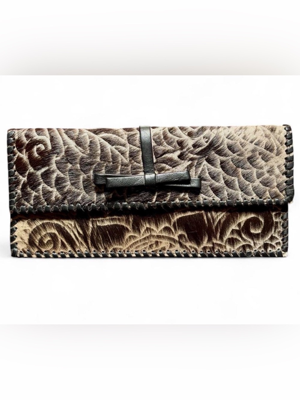 STS Collection Tooled Leather Envelope Clutch Black Cream